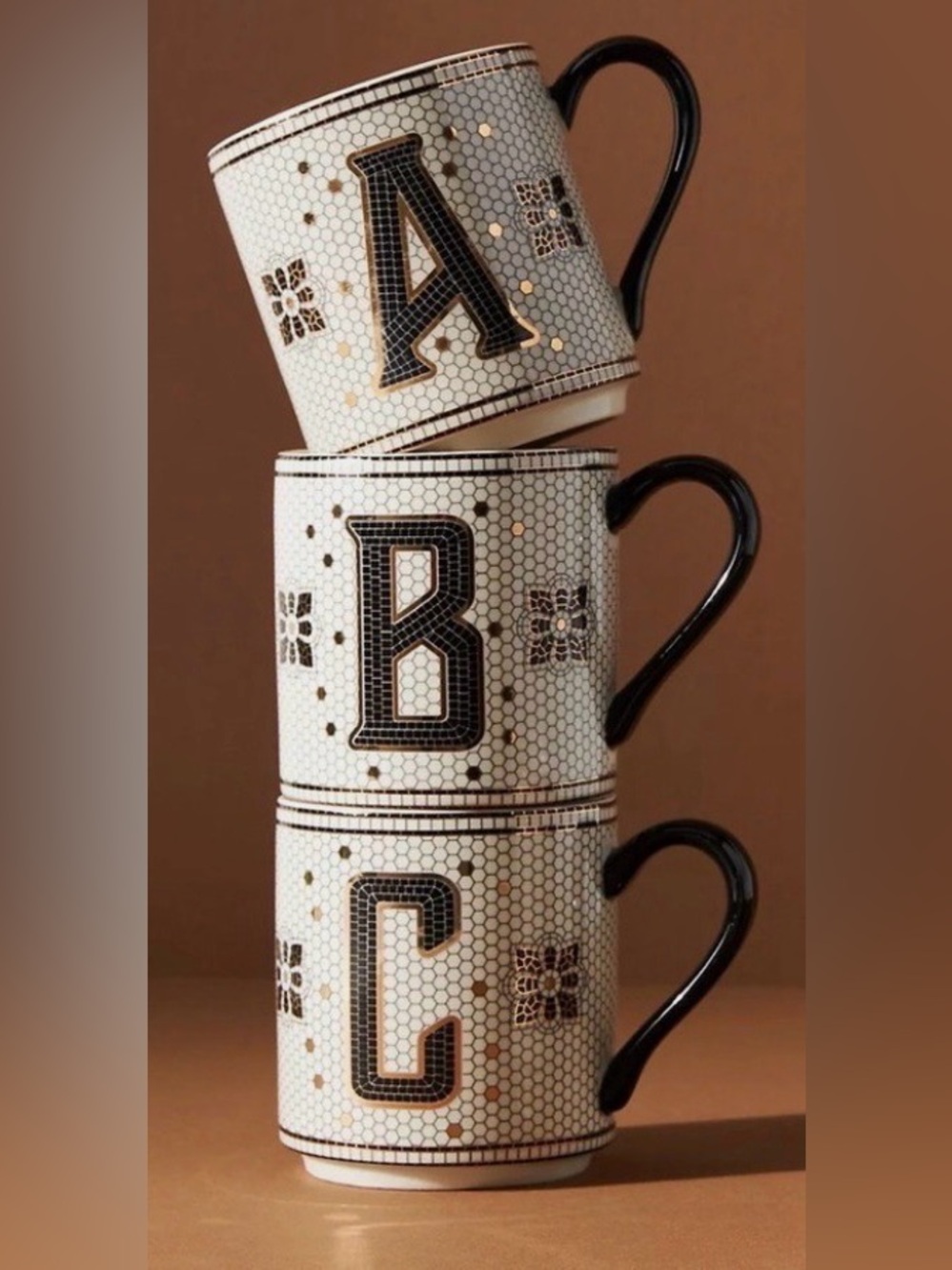Anthropologie White, Black & Gold 'K' Monogram Ceramic Coffee Mug